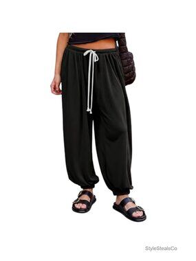 Baggy Harem Pants Wide Leg Cotton Polyester Pleated Drawstring